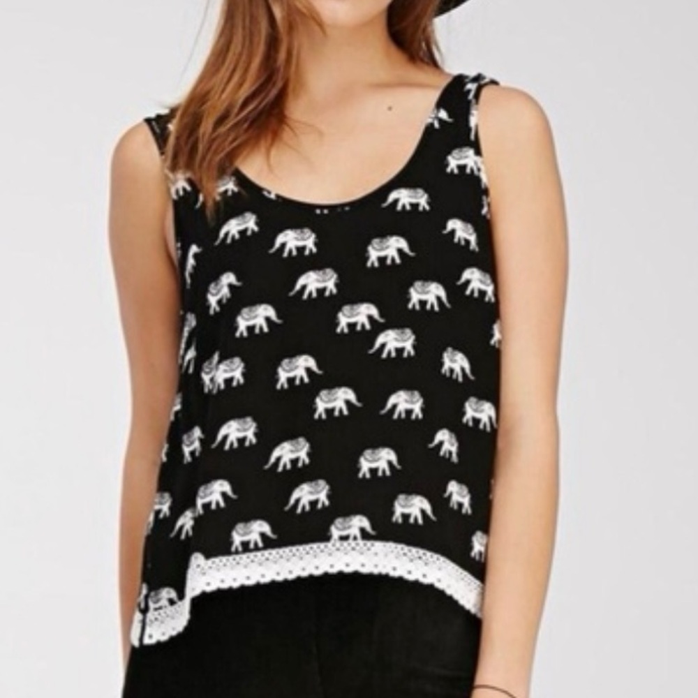 Forever 21 Crochet Trimmed Elephant‎ Print Tank Top Size S